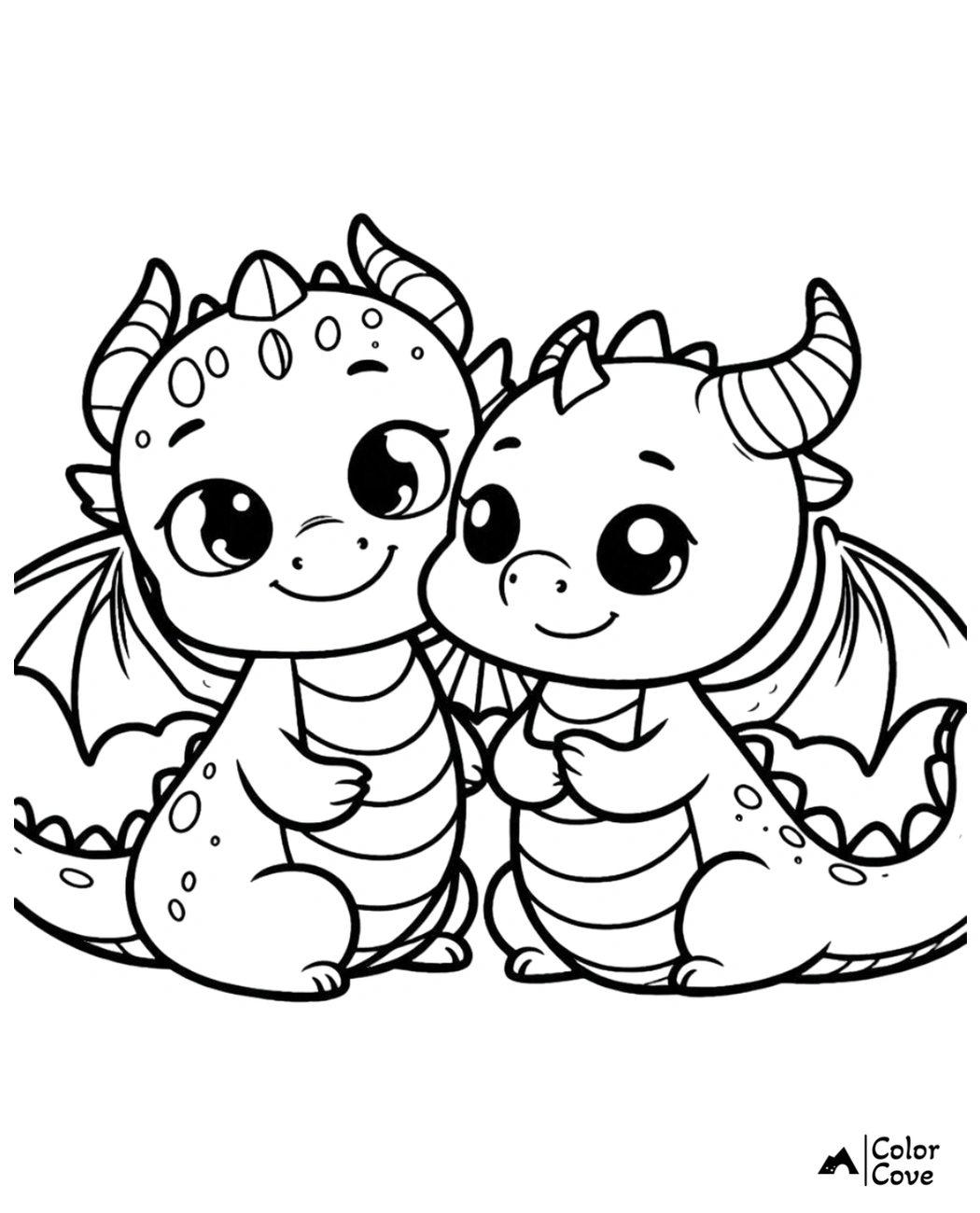 Cute dragon coloring page for kids featuring two adorable baby dragons with big eyes, wings, and playful expressions.