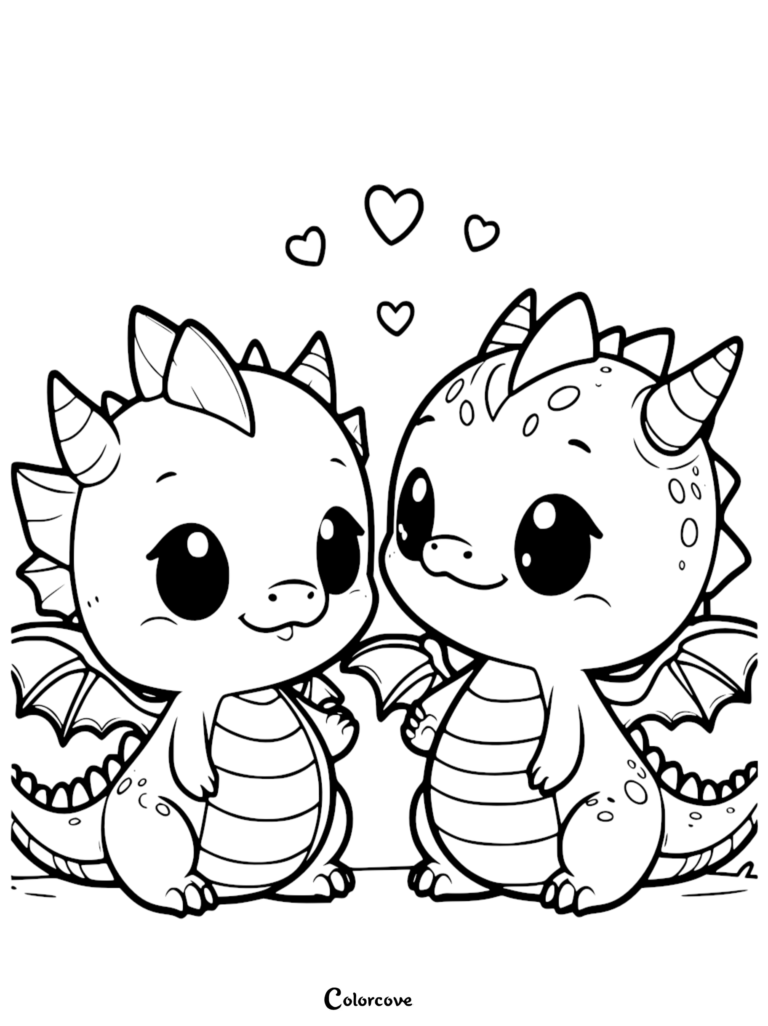 Two adorable baby dragons standing together with floating hearts in this cute dragon coloring page printable sheet 8.