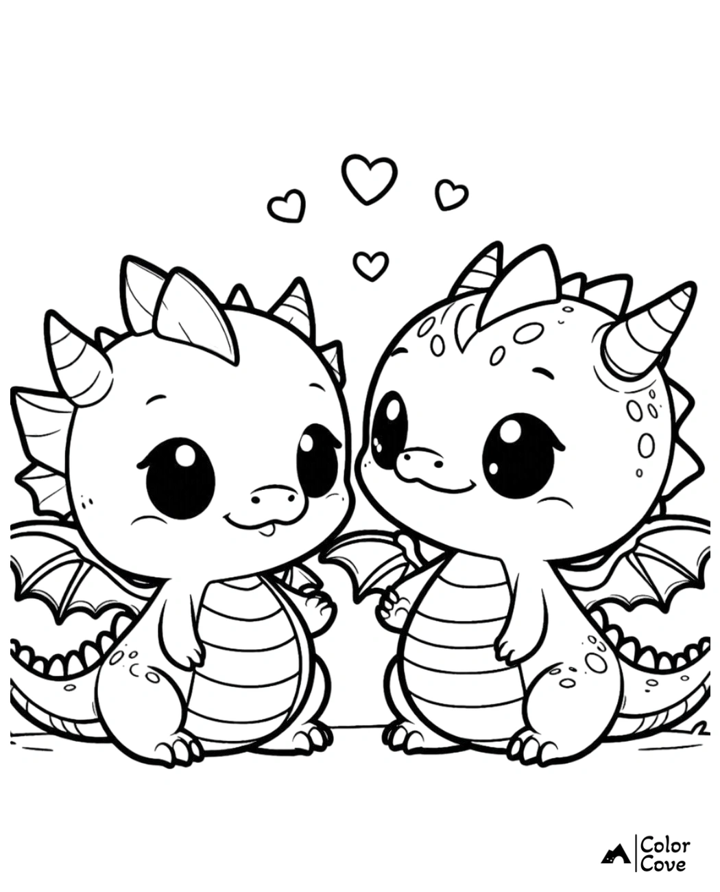 Cute dragon coloring page featuring two adorable dragons with hearts floating above their heads. Perfect for kids!