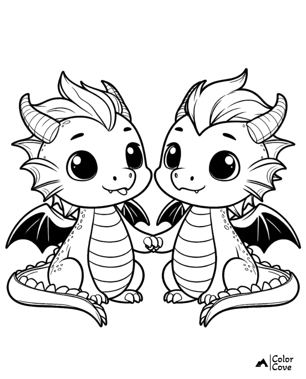 Cute dragon twins coloring page for kids, featuring two baby dragons holding hands, ready to be colored.