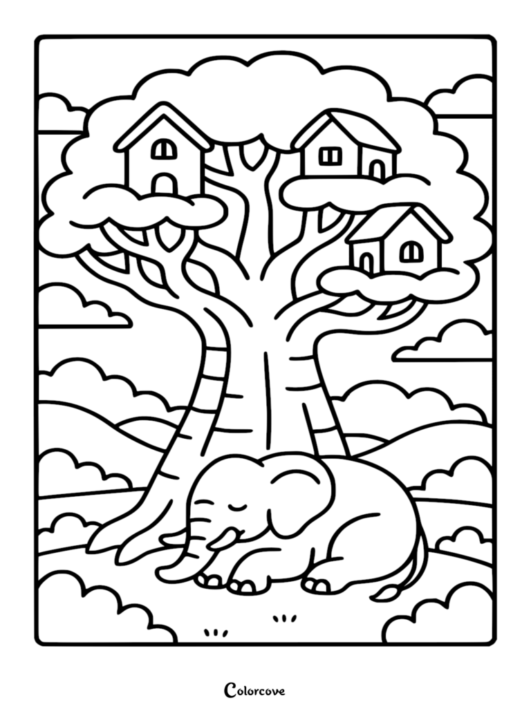Un Éléphant mignon dormant paisiblement sous un grand arbre avec trois petites maisons dans ses branches, style art au trait pour coloriage.