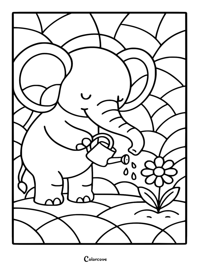 Un Éléphant mignon tenant un petit arrosoir pour arroser une marguerite unique dans ce coloriage à imprimer avec un fond en vitrail.
