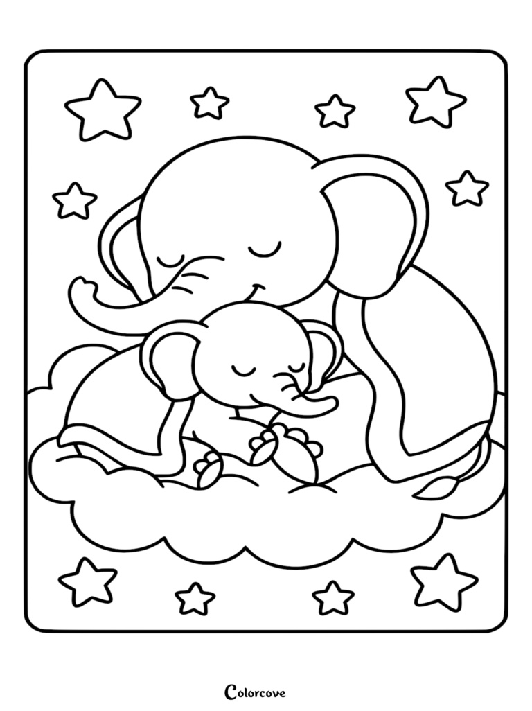 Une maman Éléphant câlinant son bébé sur un nuage moelleux entouré d'étoiles dans ce coloriage à imprimer.