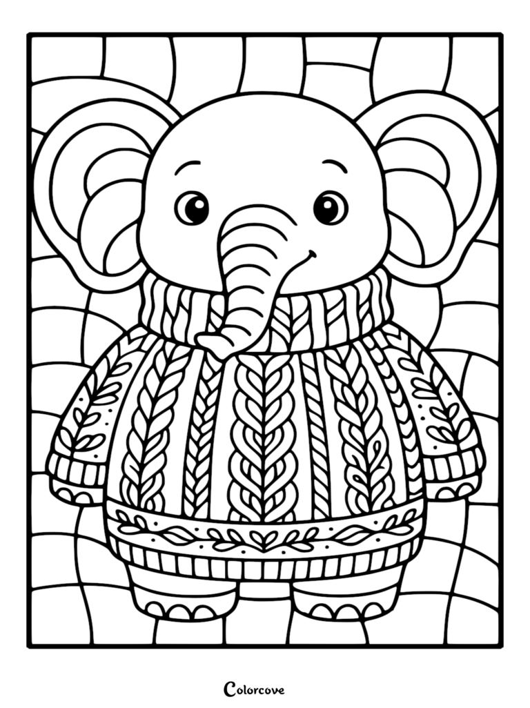 Un Éléphant mignon portant un pull en tricot torsadé détaillé dans ce coloriage à imprimer avec un fond géométrique.