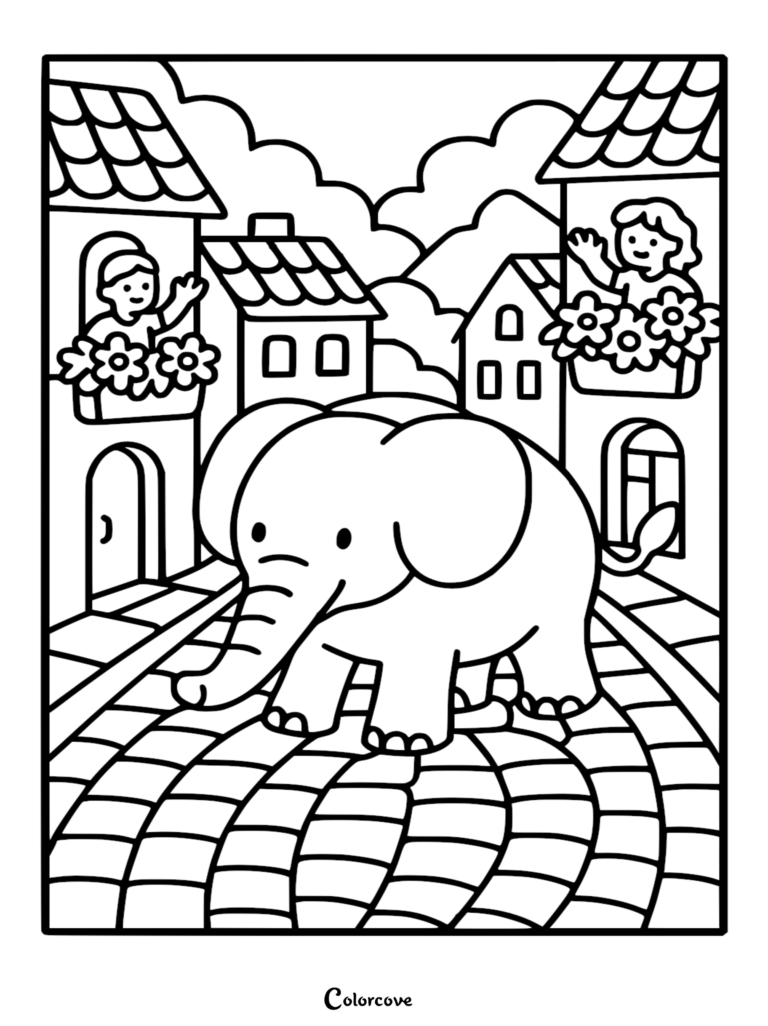 Un Éléphant mignon marchant sur une rue pavée entre des maisons avec des gens qui font signe depuis des balcons dans ce coloriage à imprimer.