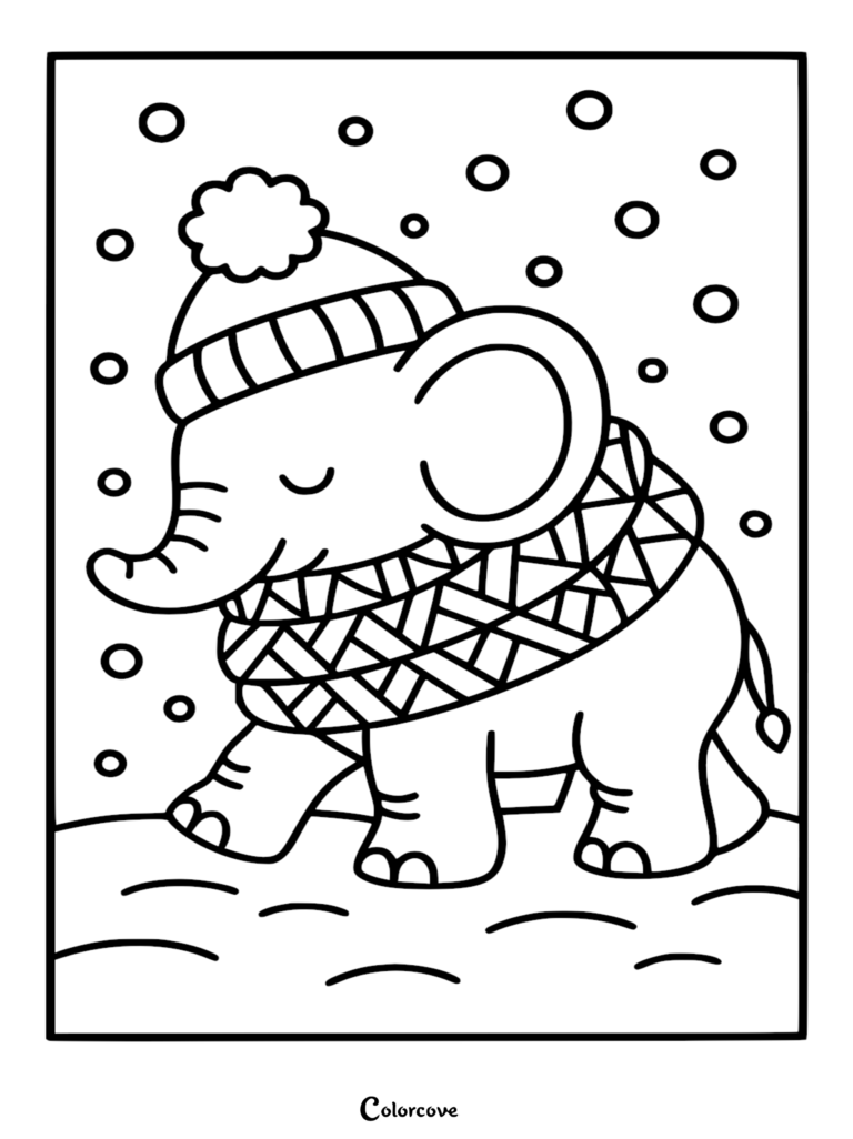 Un Éléphant mignon avec un bonnet à pompon et une écharpe à motifs marchant dans la neige, coloriage à imprimer.