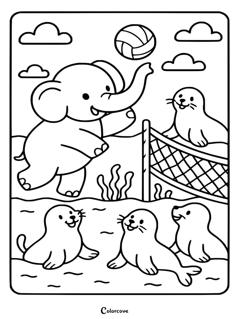 Un Éléphant mignon jouant au volleyball avec trois phocidés sur une plage dans ce coloriage à imprimer.