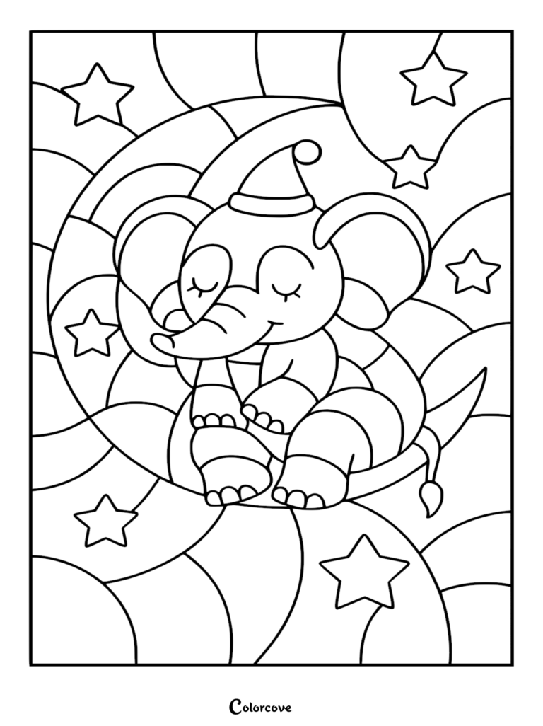 Un Éléphant mignon portant un bonnet de nuit dormant sur un croissant de lune, entouré d'étoiles dans ce coloriage à imprimer.