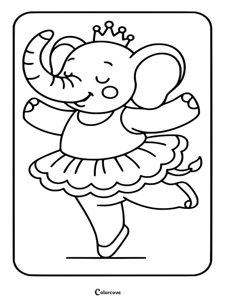 Un Éléphant mignon portant un tutu et une couronne qui danse dans ce coloriage à imprimer.