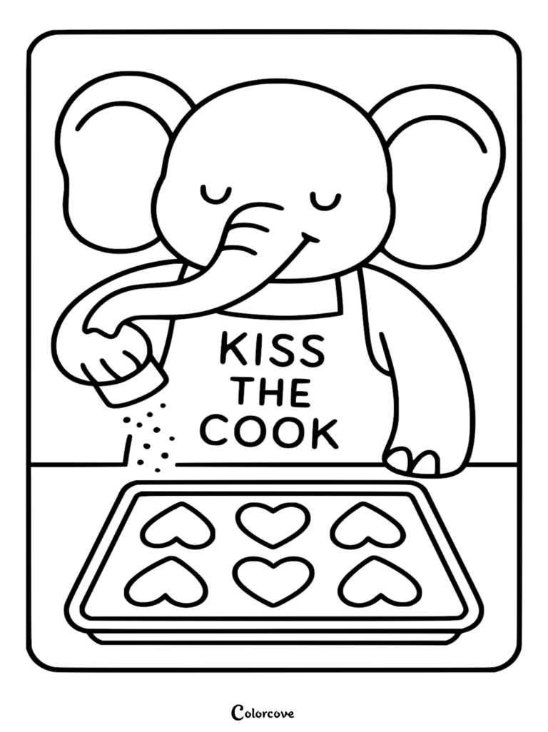 Un Éléphant mignon portant un tablier Kiss the Cook et saupoudrant des biscuits en forme de cœur sur ce coloriage à imprimer.