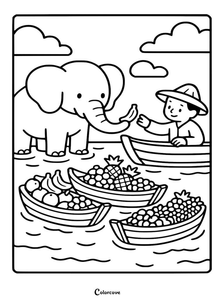 Un Éléphant mignon dans l'eau recevant une banane d'une personne en bateau, entouré de fruits tropicaux, dans un style de coloriage au trait simple.