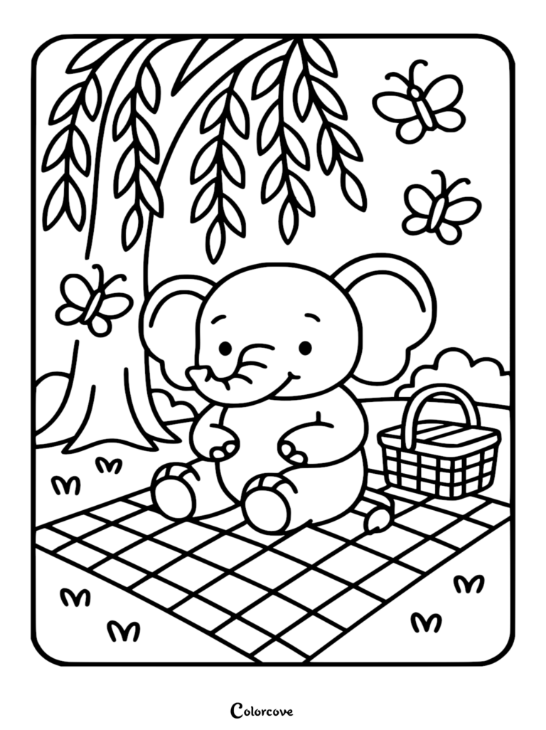 Un Bébé éléphant mignon assis sur une couverture de pique-nique à carreaux sous un saule pleureur avec des papillons, style de coloriage au trait.