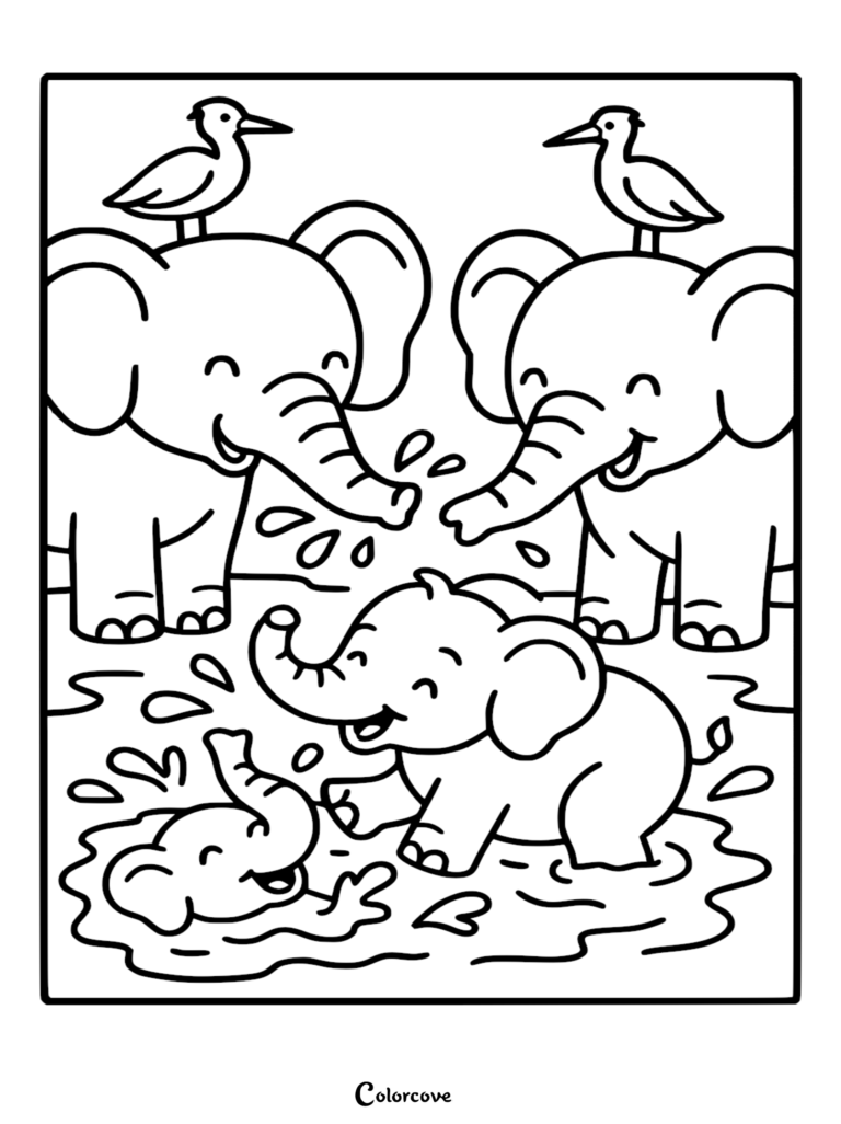 Page de coloriage d'une famille d'Éléphant mignonne mettant en vedette deux Éléphant adultes avec des oiseaux sur la tête regardant deux Bébé éléphant barboter dans une flaque.