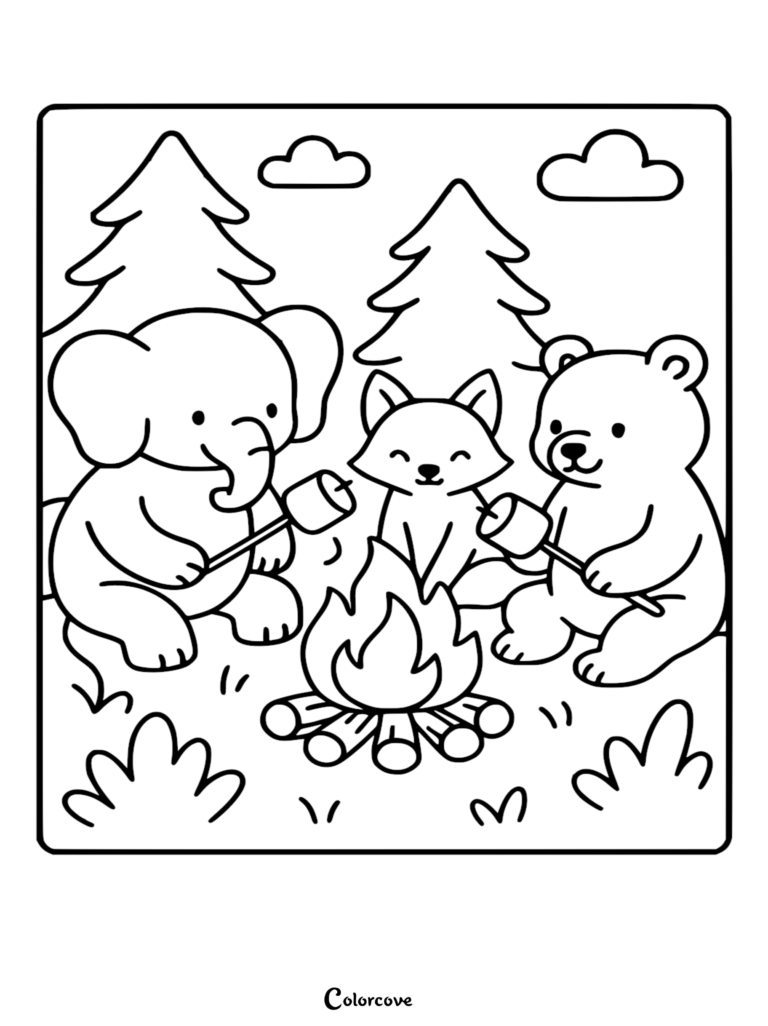 Un Éléphant mignon, un renard et un ours faisant griller des guimauves près d'un feu de camp dans un coloriage de forêt.