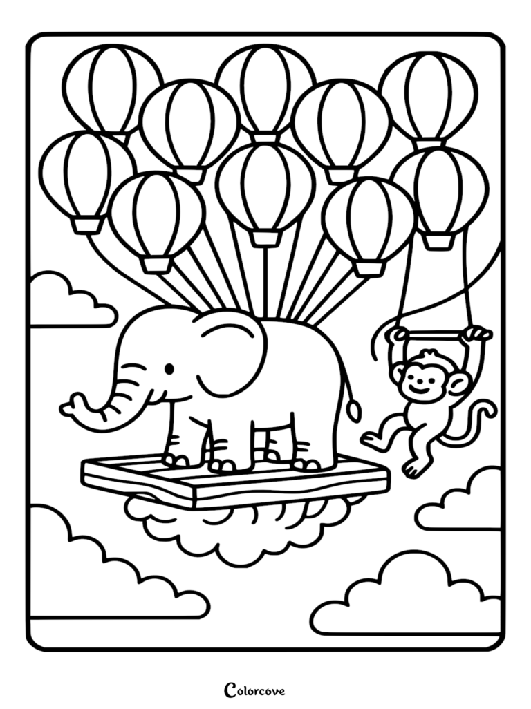 Un Éléphant mignon sur une plateforme en bois et un singe suspendu à une trapèze, soulevés par des montgolfières dans ce coloriage à imprimer.