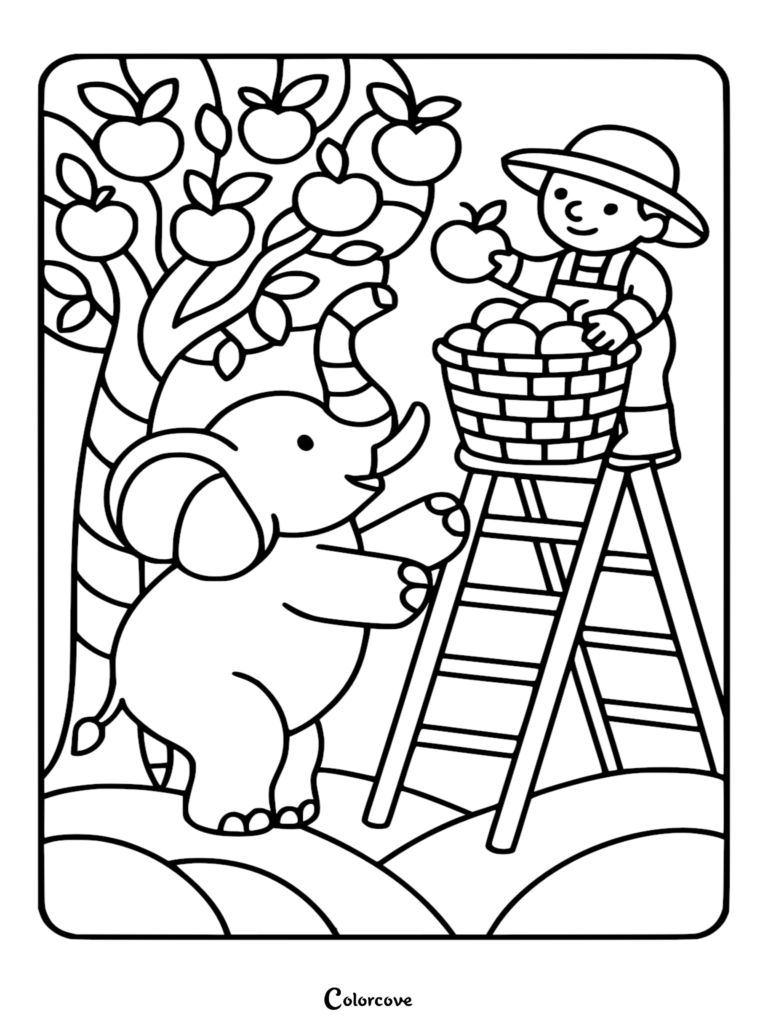 Un Éléphant mignon debout à côté d'une échelle où un fermier au chapeau de paille cueille des pommes d'un arbre pour ce coloriage à imprimer.
