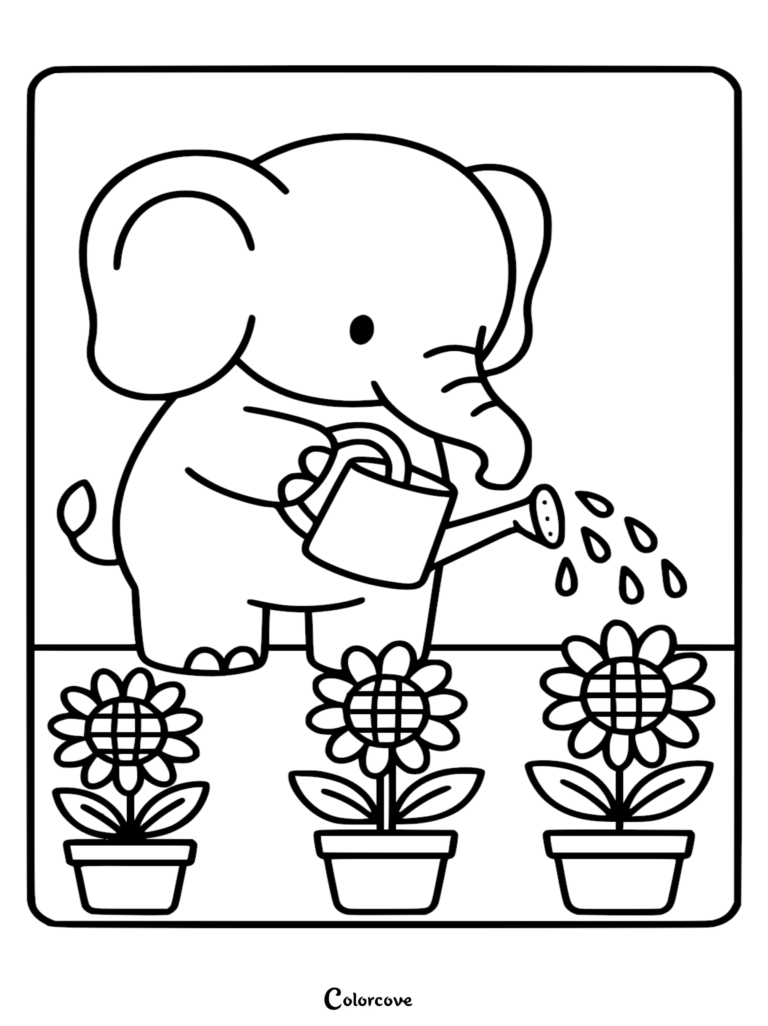 Un Bébé éléphant mignon tenant un arrosoir pour hydrater trois tournesols en pot dans ce coloriage à imprimer.