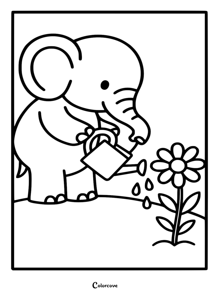 Un coloriage au trait simple d'un Bébé éléphant mignon tenant un petit arrosoir et arrosant une seule fleur de marguerite.