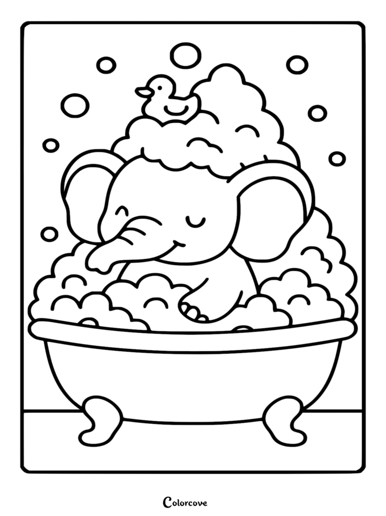 Un Bébé éléphant mignon assis dans une baignoire sur pieds remplie de bulles et un canard en caoutchouc sur sa tête, coloriage.