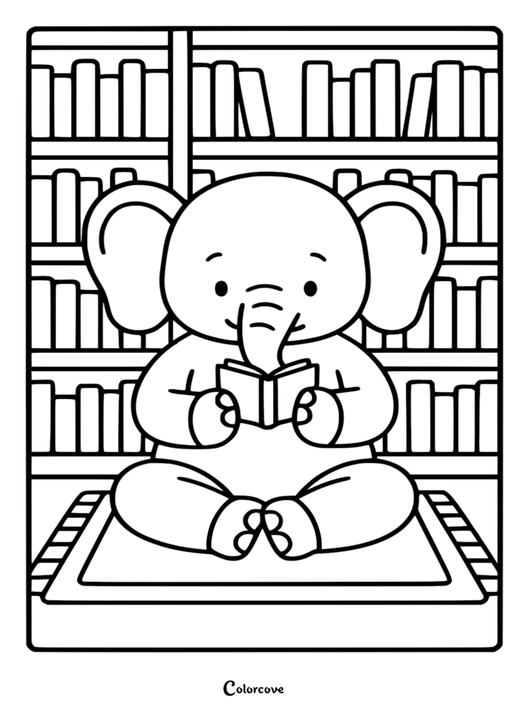 Un Éléphant mignon assis sur un tapis dans une bibliothèque lisant un petit livre, coloriage à imprimer pour enfants.
