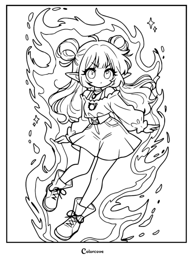 Cute elf girl with twin buns and pointed ears floating inside a magical fire aura, printable coloring page.