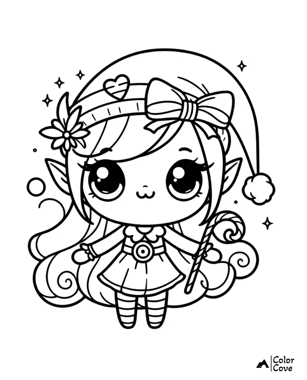 Cute Christmas elf coloring page with big eyes, a festive hat, and holding a candy cane, perfect for holiday fun.