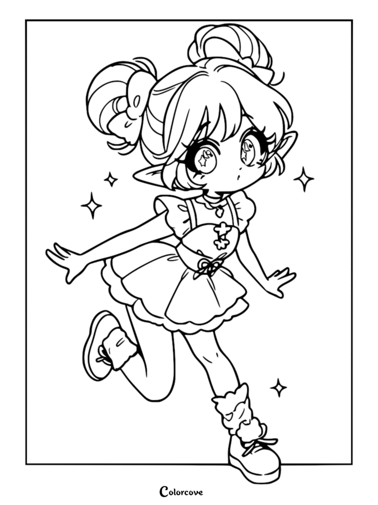 A cute elf girl with double pigtails and star-shaped eyes in a frilly dress, featured on a printable coloring page.