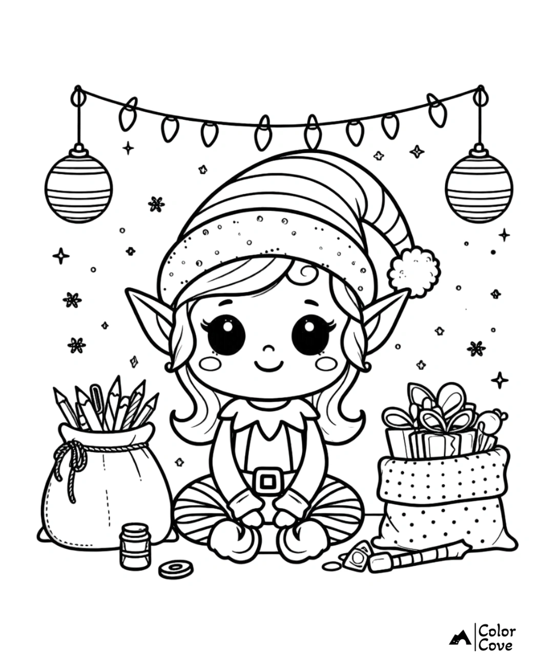 Cute Christmas elf coloring page with gifts and decorations, ideal for kids holiday fun. Color Cove printable activity.