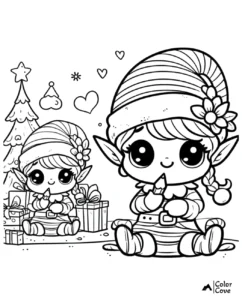 Cute Christmas elf coloring page with gift boxes and a decorated tree in the background, perfect for holiday fun.