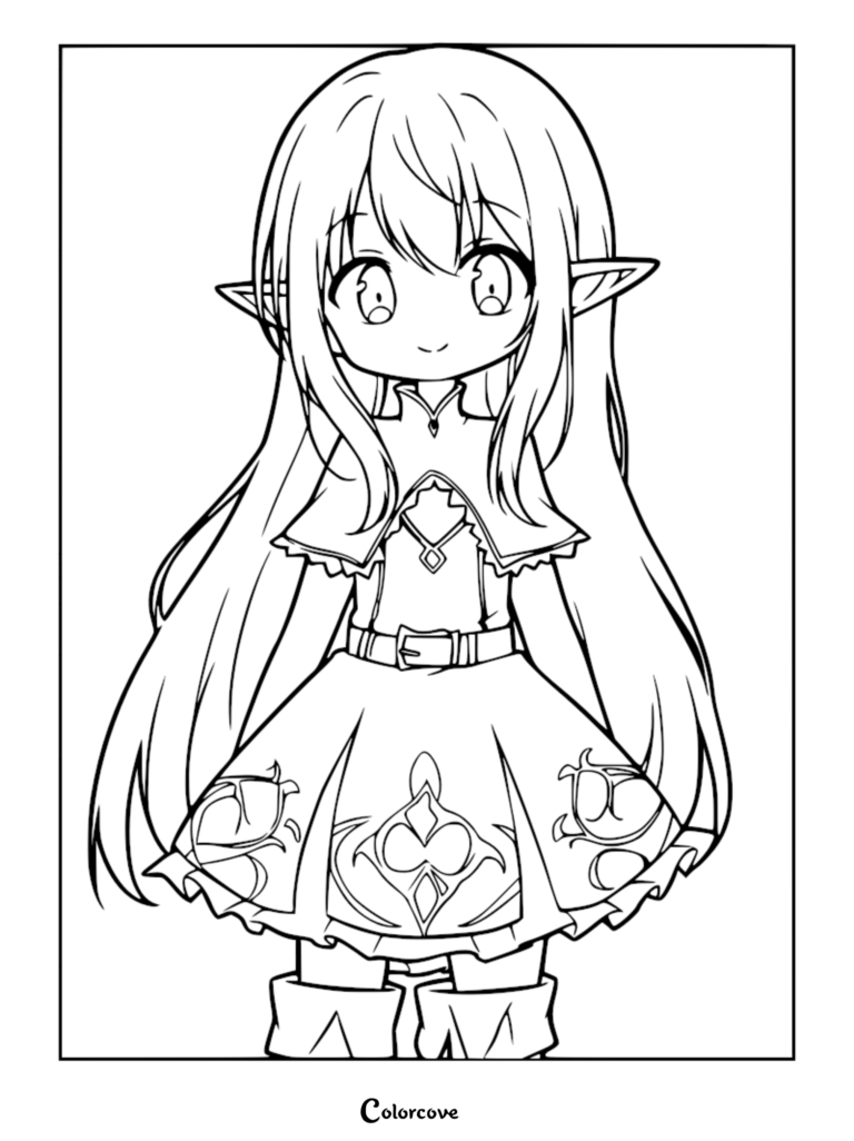 A cute anime-style elf girl with long hair and a detailed dress in a printable coloring page format.