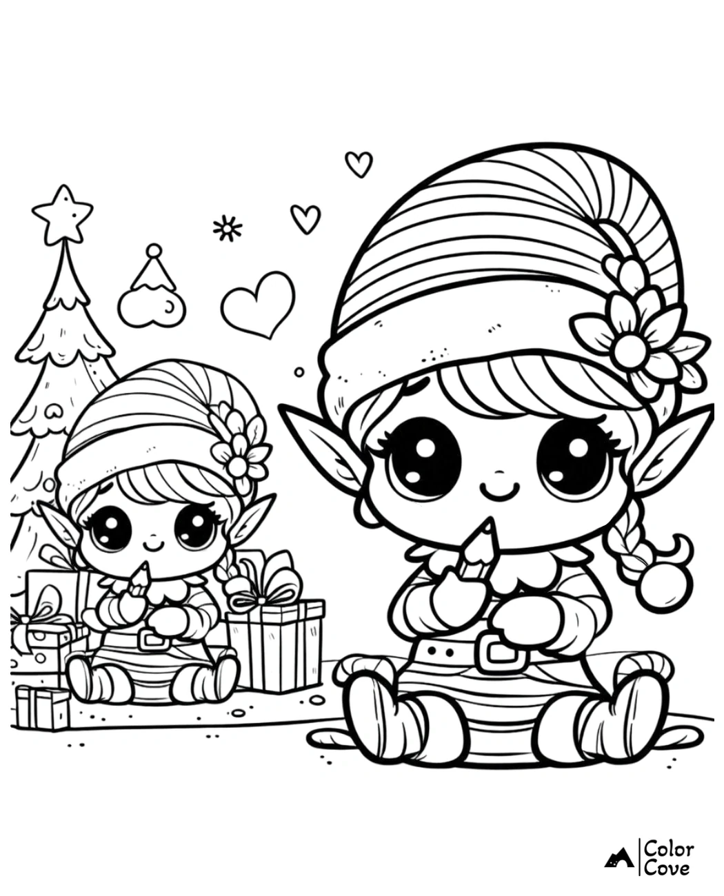 Cute Christmas elf coloring page with gift boxes and a decorated tree in the background, perfect for holiday fun.