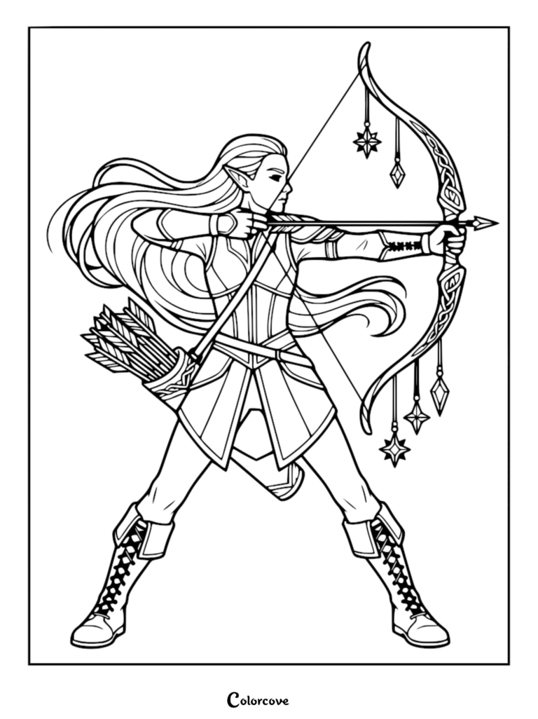 A detailed coloring page of a long-haired elf archer aiming a bow decorated with hanging star charms and carrying a quiver of arrows.