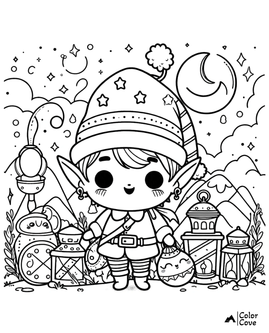 Cute elf coloring page featuring an adorable elf with lanterns, stars, and a crescent moon in the night sky.