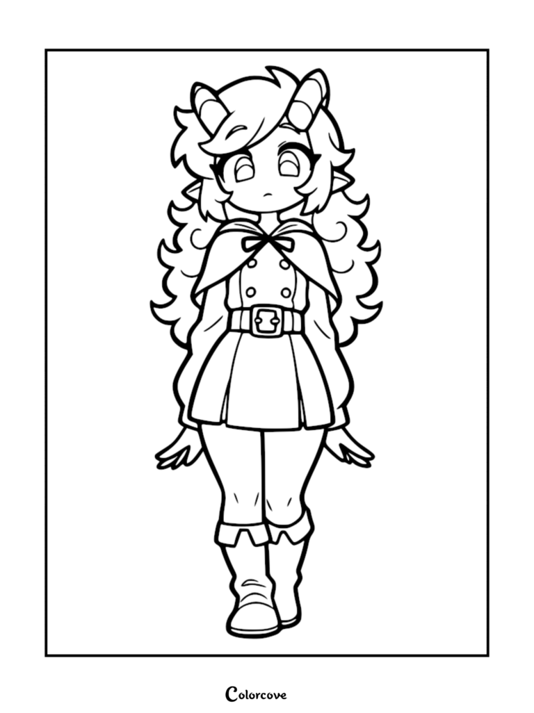 A cute elf girl with long curly hair and small horns wearing a double-breasted cape and belt in this printable coloring page.