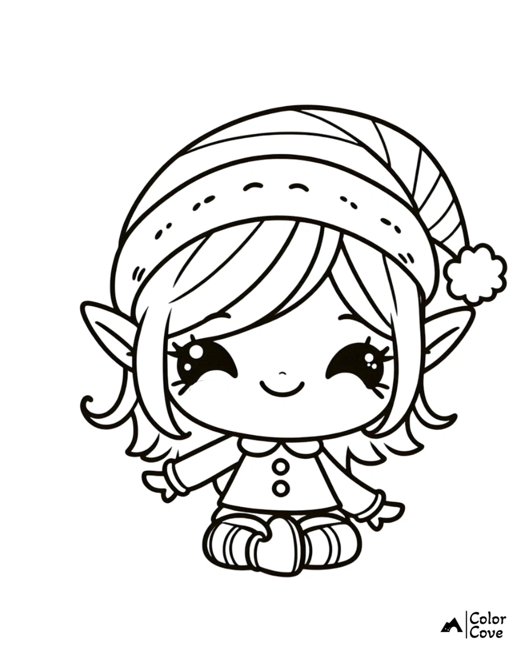 Cute Christmas elf coloring page for kids, featuring an adorable smiling elf wearing a festive hat and winter clothes.