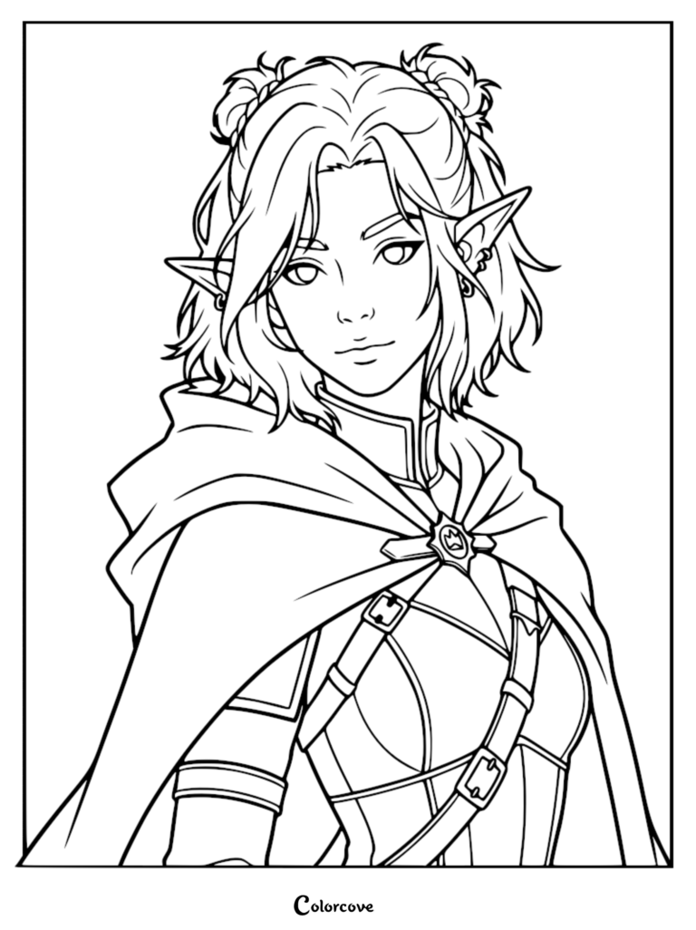 A detailed line art coloring page featuring a cute elf warrior with short hair, pointed ears, and a royal cloak with a crown brooch.