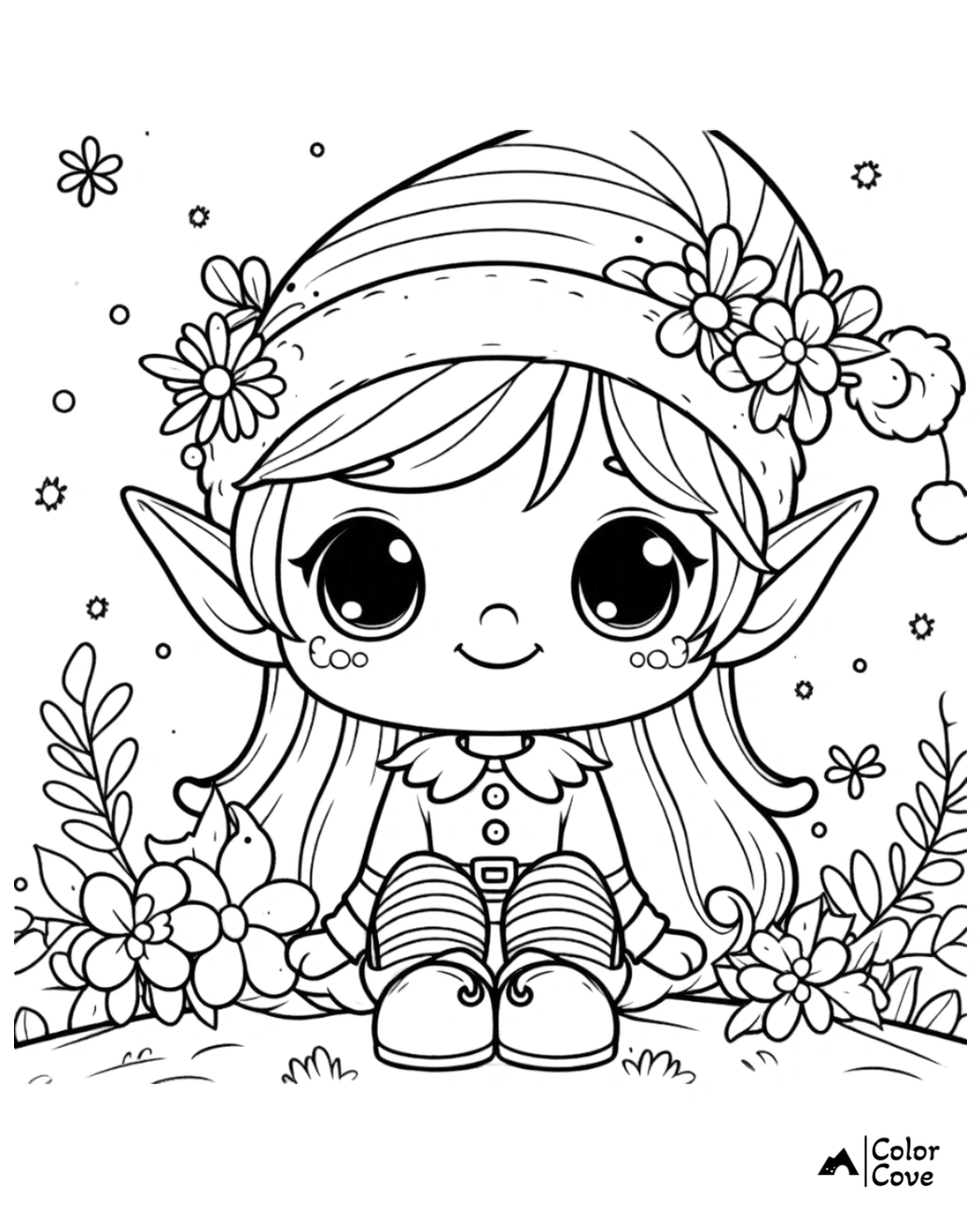 Adorable elf coloring page with flowers and cute outfit, perfect for kids' holiday and fantasy creativity.