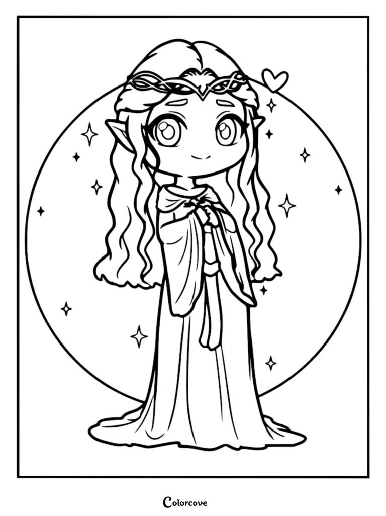 A cute elf princess with long wavy hair and a tiara in a circular frame, printable coloring page.