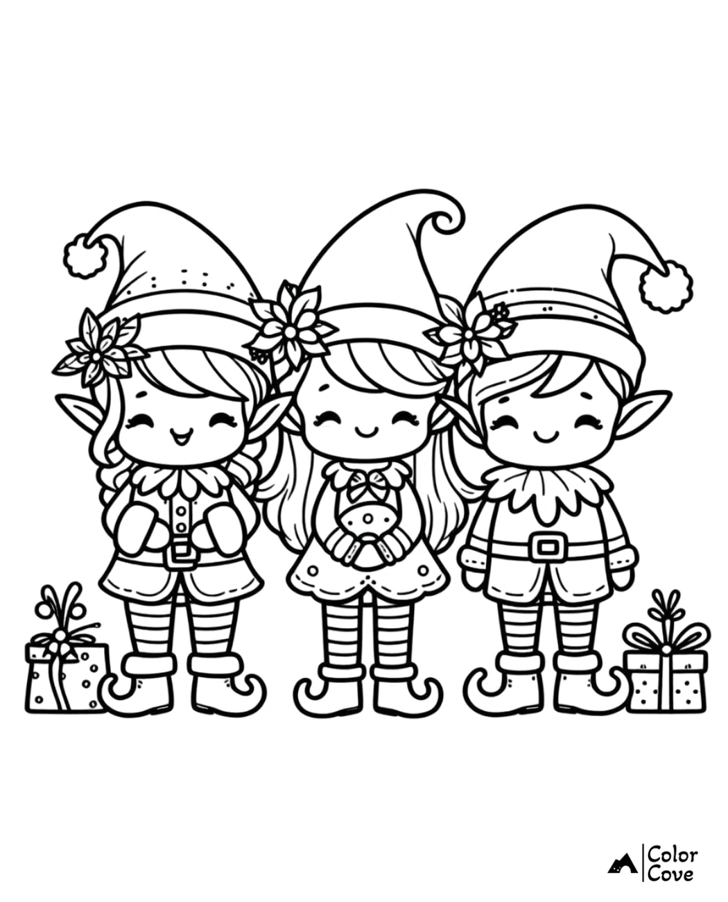 Three cute Christmas elves with gifts, wearing hats and smiling, coloring page for kids by Color Cove.