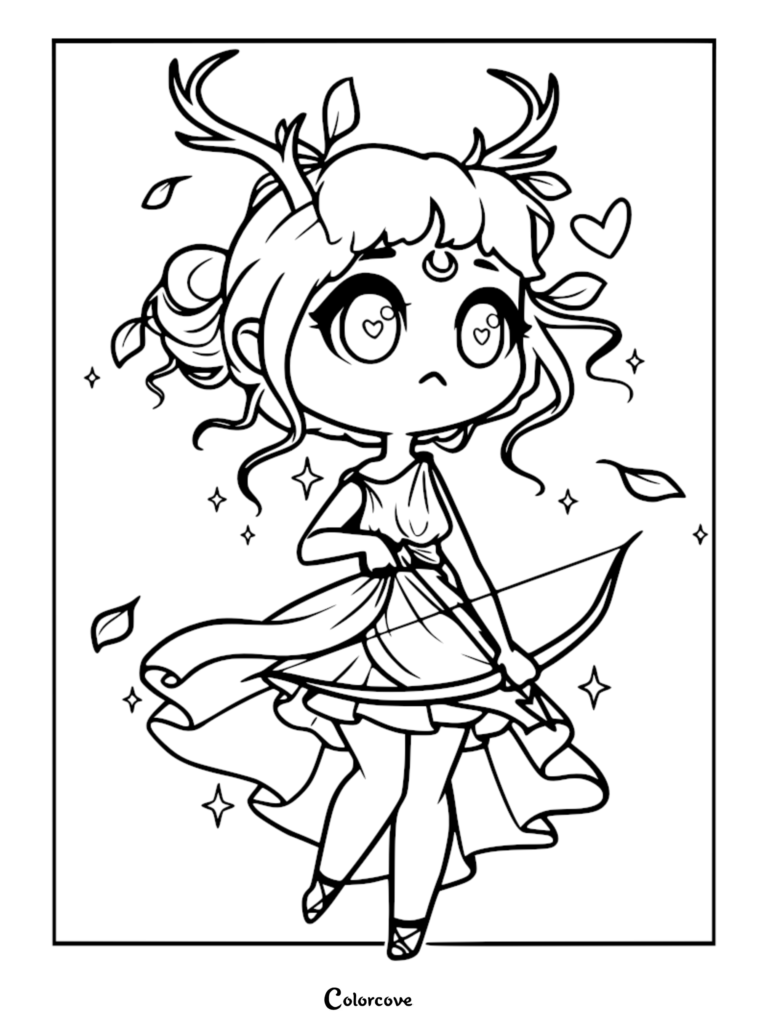 A cute elf archer with deer antlers and heart-shaped eyes holding a bow in this detailed line art coloring page.