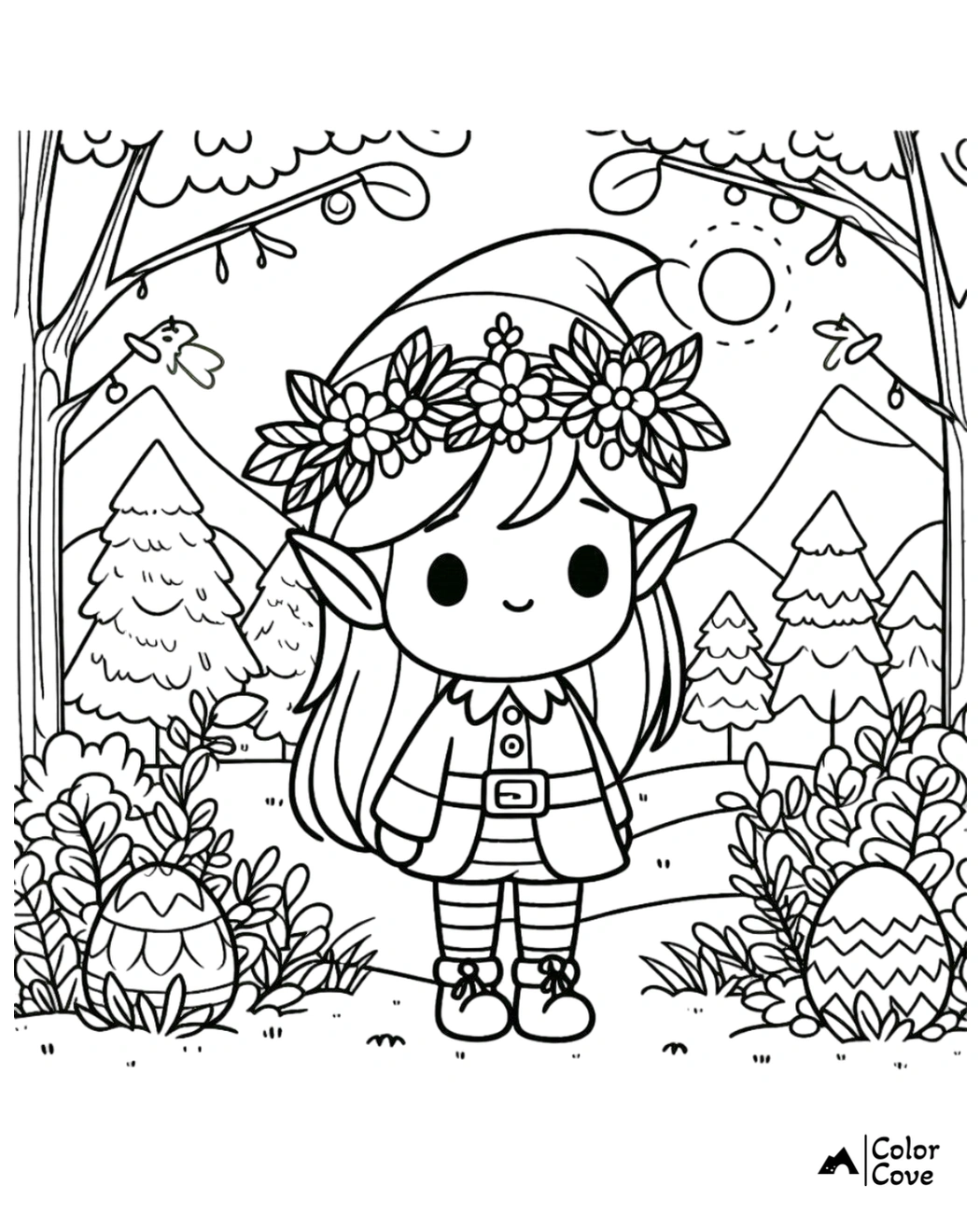 Cute elf in a flower crown standing in an enchanted forest, surrounded by trees and Easter eggs. Coloring page for kids.