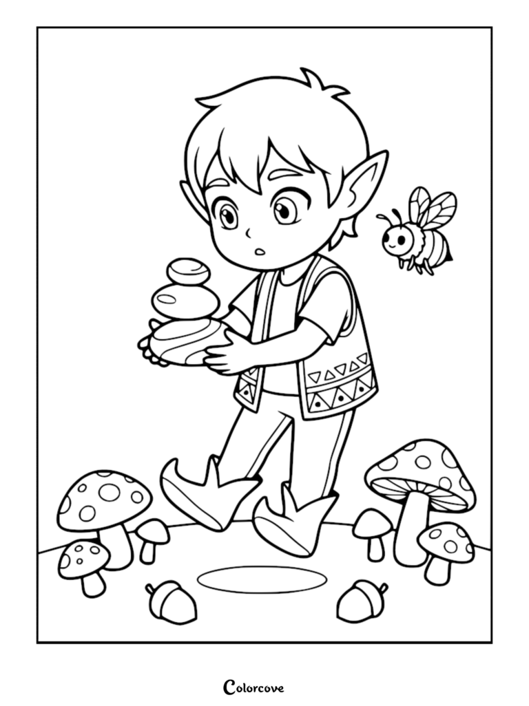 A cute elf wearing a patterned vest stacking stones in a forest with mushrooms, acorns, and a friendly bee in this printable coloring page.