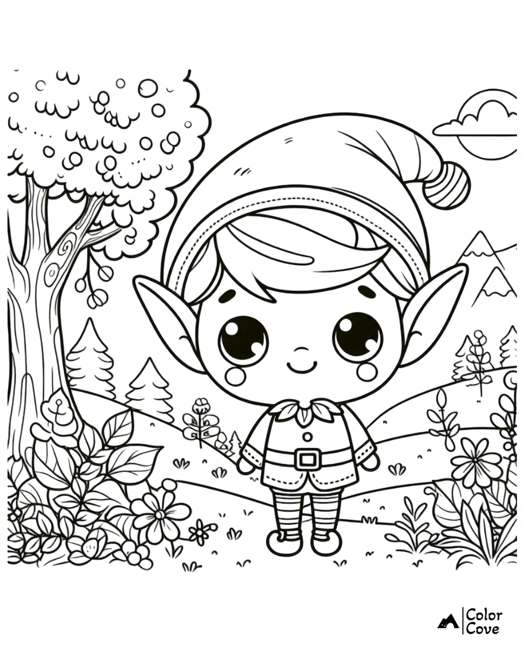 Adorable elf coloring page featuring a happy elf in a whimsical forest with trees, flowers, and mountains in the background.