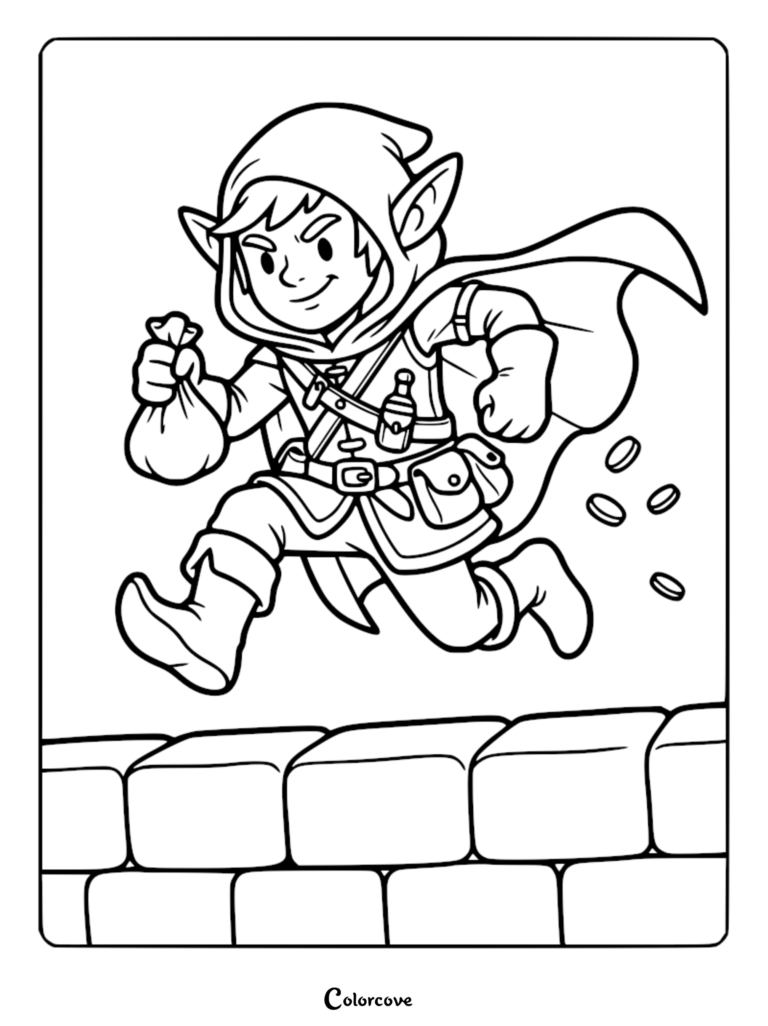 A cute elf wearing a hooded cloak and tunic jumping over a brick wall while holding a bag of gold coins, printable coloring page.