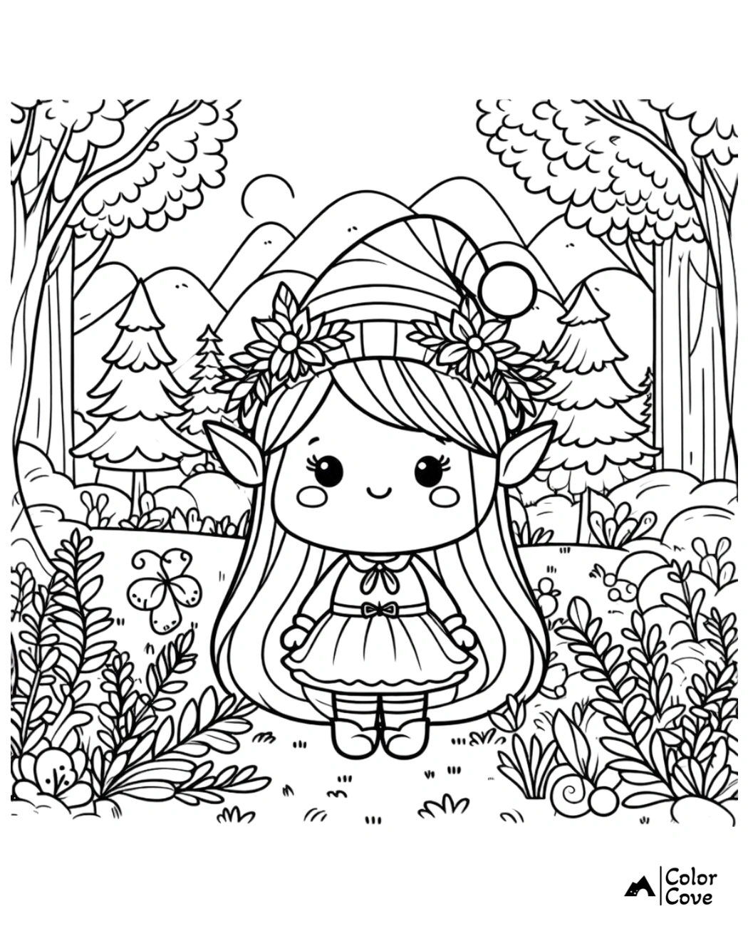 Cute elf girl in a dress, standing in a magical forest with trees, flowers, and a butterfly, coloring page.