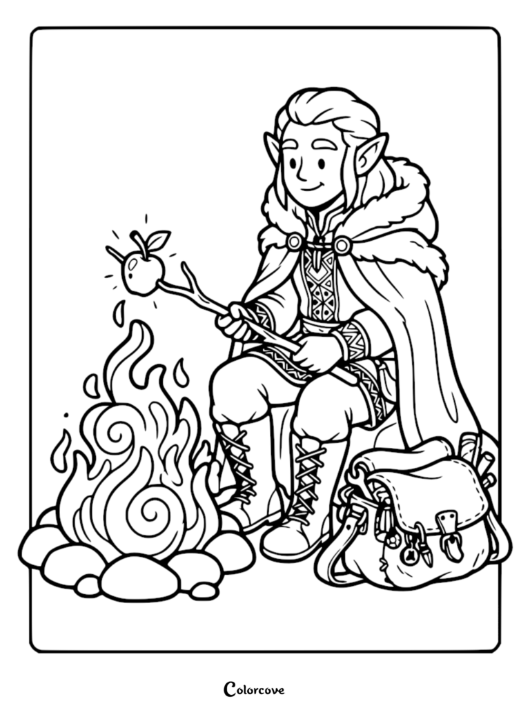 A cute elf wearing a fur-trimmed cloak roasting an apple on a stick over a campfire, line art coloring page.
