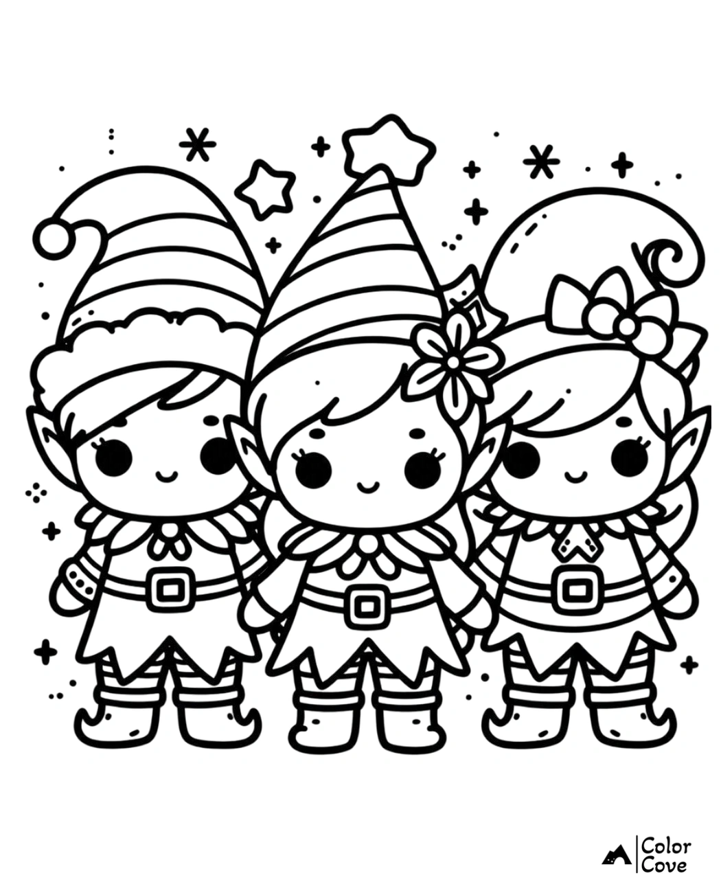 Three cute Christmas elves coloring page with stars and festive details, perfect for holiday activities and kids' fun.