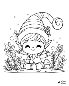 Adorable elf with a tall hat sits among flowers and mushrooms in this whimsical coloring page for kids.