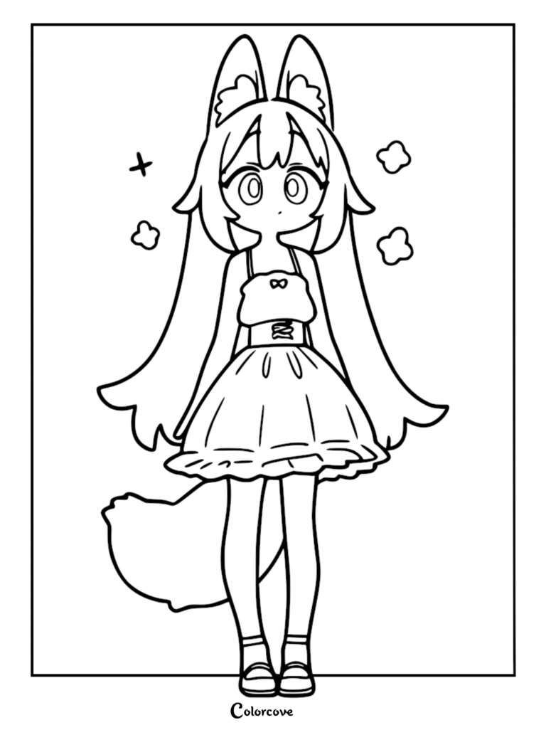 A cute elf girl with long hair and a fluffy dress in this printable coloring page.