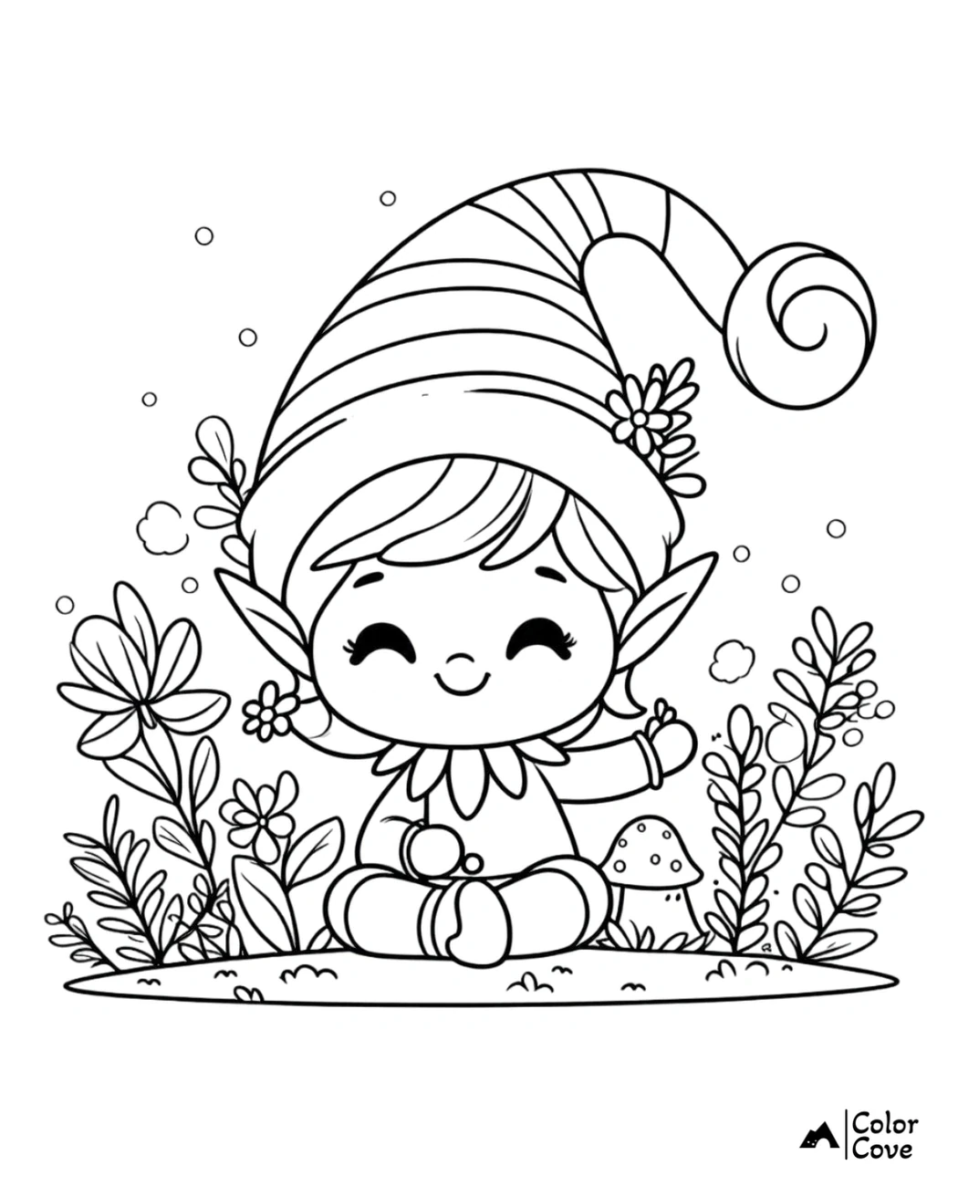 Adorable elf with a tall hat sits among flowers and mushrooms in this whimsical coloring page for kids.